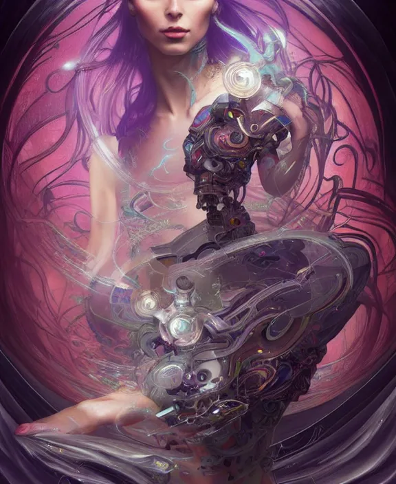 Image similar to whirlwind of souls rushing inside the metaverse, half body, tiara, tattoo, pharaoh, android, cyborg, cyberpunk face, by loish, d & d, fantasy, intricate, elegant, highly detailed, colorful, vivid color, digital painting, artstation, concept art, art by artgerm and greg rutkowski and alphonse mucha and ruan jia