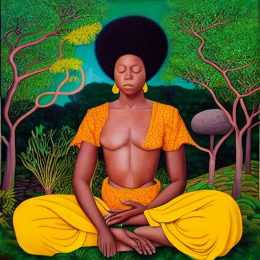 Prompt: a black girl with afro puffs meditating in an african zen garden with an acacia tree by amanda sage, oil on canvas