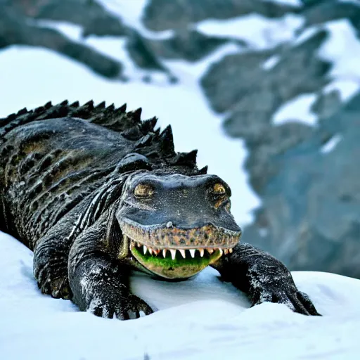 Prompt: photo of an aligator on snowy mountain peak, snow, 50mm, beautiful photo