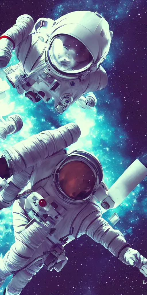 Prompt: female astronaut floating through space, liminal, lonely, highly detailed, trending on art station, anime wallpaper