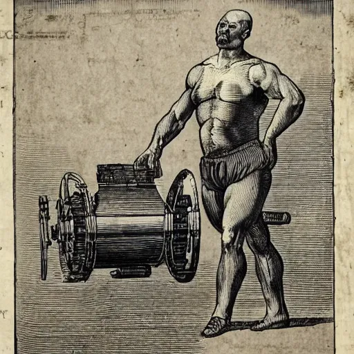 Image similar to a muscular bald man carrying engines on his back, technical diagram