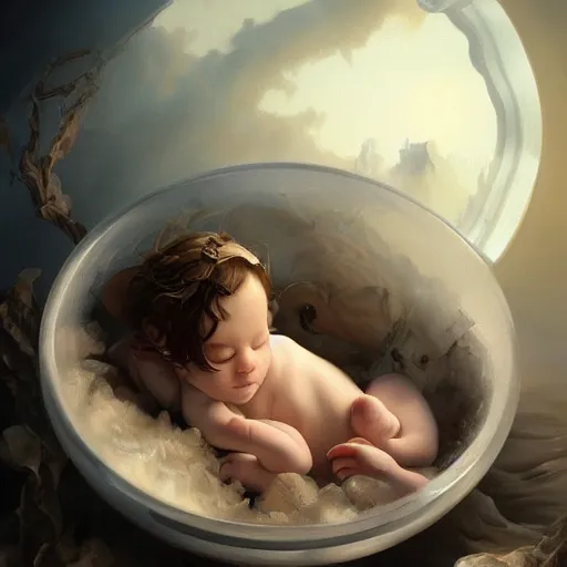 Prompt: a baby unicorn sleeping in an cracked egg, ultrarealistic, dramatic lighting, high details, 4 k, 8 k, best, accurate, trending on artstation, artstation, photorealism, ultrarealistic, digital painting, fantasy art, style of peter mohrbacher, caravaggio, boris vallejo