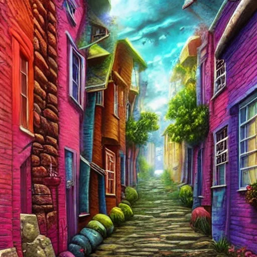 Prompt: narrow street between houses, colorful, fantasy art, concept art, high detail