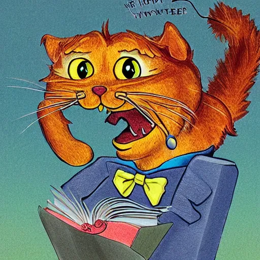 Image similar to surreal book illustration of Garfield the cat as monster, highly detailed