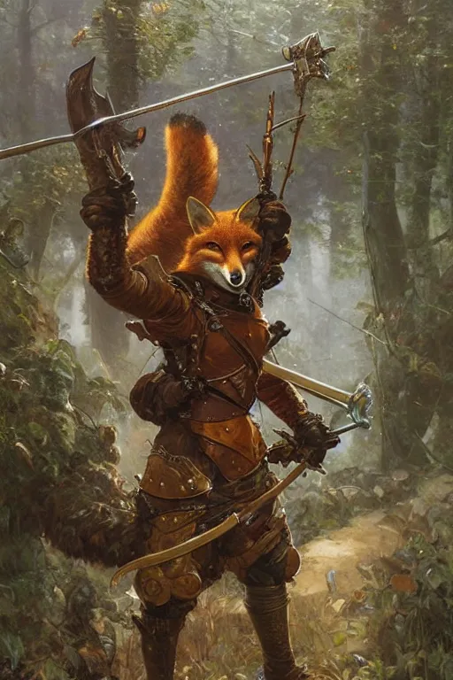 Prompt: a cunning anthropomorphic fox ranger, wearing detailed leather armor, character illustration by greg rutkowski, thomas kindkade, alphonse mucha, loish, norman rockwell