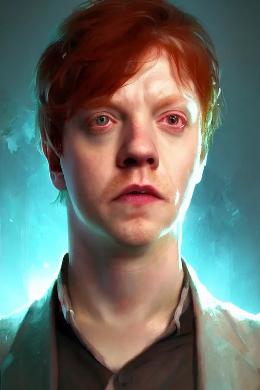 Image similar to portrait of Rupert Grint as Ron Wisly in cyberpunk, neon lighting, night city, digital art from artstation by Ruan Jia and Mandy Jurgens and Artgerm and william-adolphe bouguereau and Greg Rutkowski