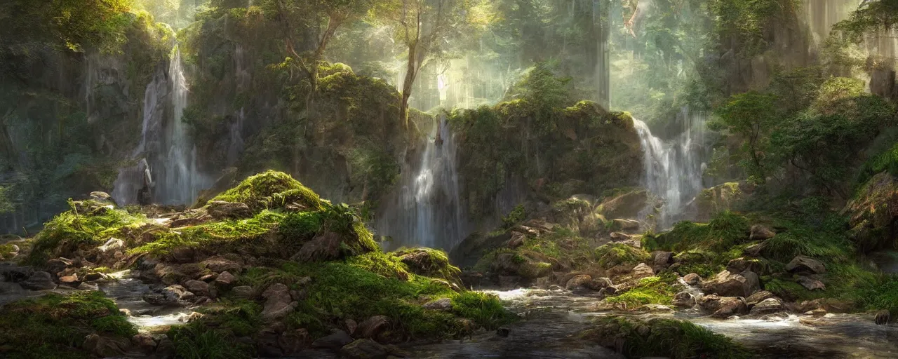 Image similar to secret waterfall in forrest, beautiful dynamic lighting, cinematic, wide angle establishing shot, extremely high detail, photo realistic, cinematic lighting, post processed, concept art, artstation, matte painting, style by frederic church, raphael lacoste, unreal engine 8 k