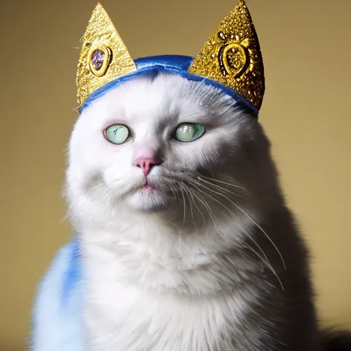 Prompt: saphire cat wearing a golden crown