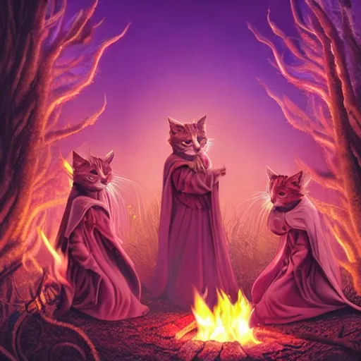 Image similar to a cult of pink cloak wearing kittens summon a fire goddess from the depths of a raging fire pit, flames are emerging from fissures in the ground.