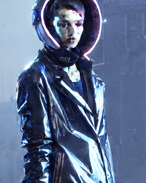 Image similar to detailed portrait European Pretty Luxury Corporation Girl cyberpunk futuristic gloomy neotokyo Reflective jacket coat, Tight fit elegant Futuristic sci-fi fashion by ismail inceoglu dragan bibin hans thoma greg rutkowski Alexandros Pyromallis Nekro Rene Margitte illustrated Perfect face, fine details, realistic shaded, fine-face, pretty face