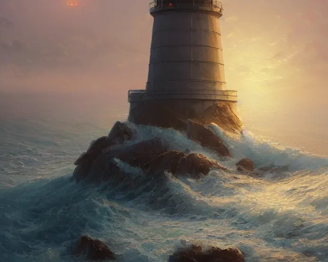 Prompt: A beautiful painting of a singular lighthouse, shining its light across a tumultuous sea of blood by greg rutkowski and thomas kinkade, Trending on artstation, yellow color scheme, cdx