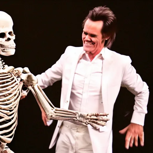 Image similar to jim carrey dancing with a skeleton