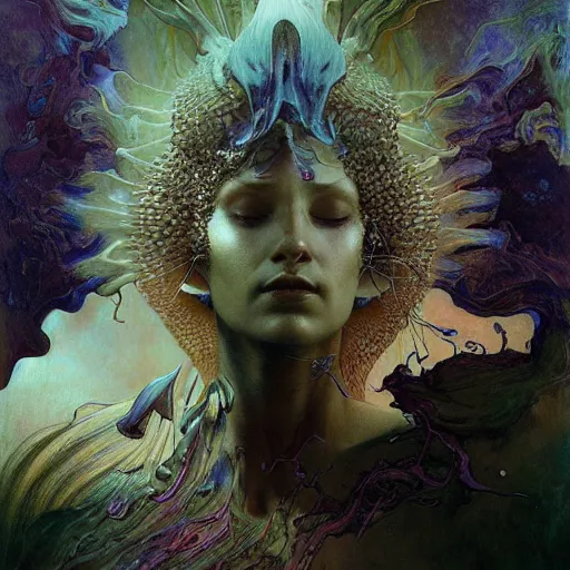 Image similar to queen of jupiter by zdzisław beksinski, iris van herpen, raymond swanland, craig mullins and alphonse mucha. highly detailed, hyper - real, beautiful, inspired by the movie avatar