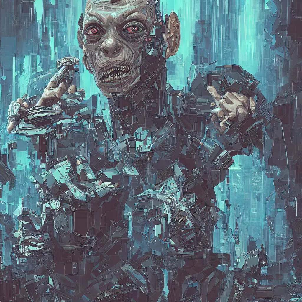 Image similar to concept art portrait of gollum as cyborg, netrunner cyberpunk, artstation, art by petros afshar, tom whalen, laurie greasley and greg rutkowski and ilya kuvshinov