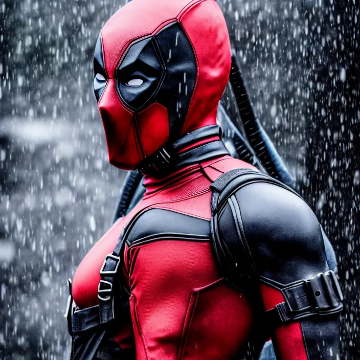 Image similar to fully body pose, photo of a very beautiful!! victoria secret model, deadpool mask, wet hair, raining, 8 k, hdr, smooth, sharp focus, high resolution, award - winning photo, trending on artstation, dslr, 5 0 mm