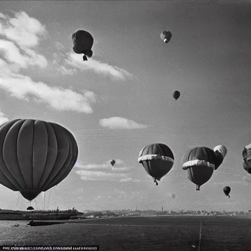 Prompt: basking in the first sun - rays were huge floating balloons - - a defence umbrella against enemy air - raids on port - installations, 1 9 6 0 photo