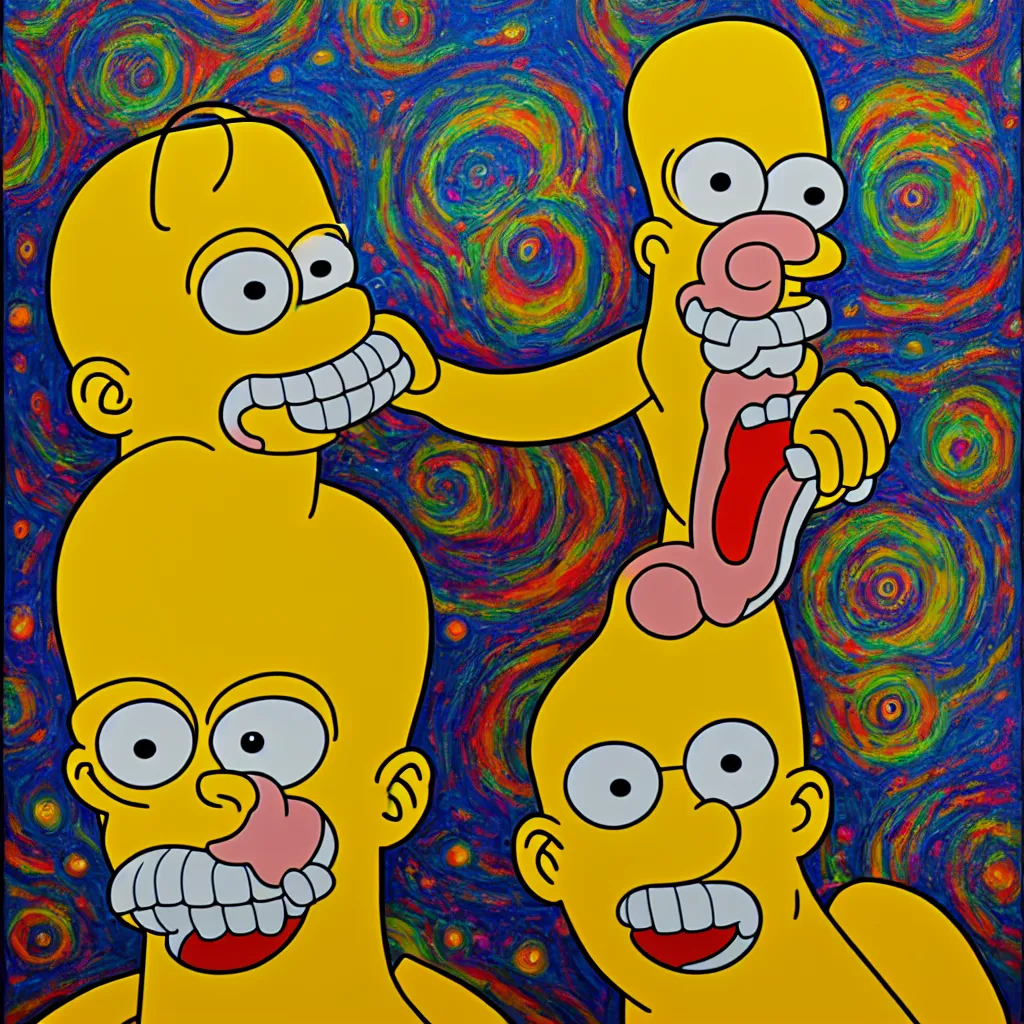 Prompt: an oil on canvas portrait painting of a homer simpson acid trip, polycount, surrealism, surrealist, lovecraftian, cosmic horror, high detail