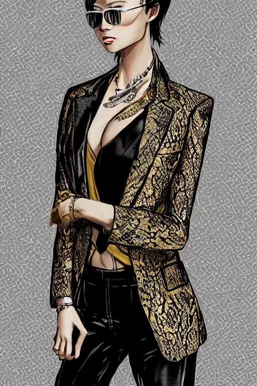 Prompt: yakuza slim girl, gold suit jacket in snake print, jacket over bare torso, yakuza tattoo on body, black short curtain haircut, black leather pants with black belt, luxury, fashion, looking sideways, portrait, elegant, 2d, ultra highly detailed, digital painting, smooth, sharp focus, artstation, art by Ilya Kuvshinov, rossdraws