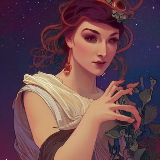 Image similar to Goddess of galaxies, ambient lighting, 4k, alphonse mucha, lois van baarle, ilya kuvshinov, rossdraws, artstation