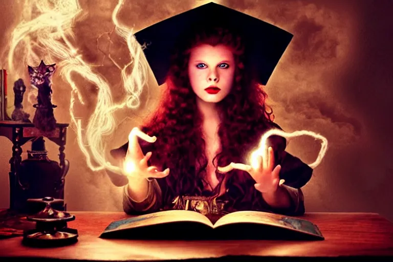 Image similar to close up portrait, dramatic lighting, teen witch casting a spell over a large open book on a table with dynamic action, cat on the table in front of her, sage smoke, a witch hat cloak, apothecary shelves in the background, still from tim burton movie,