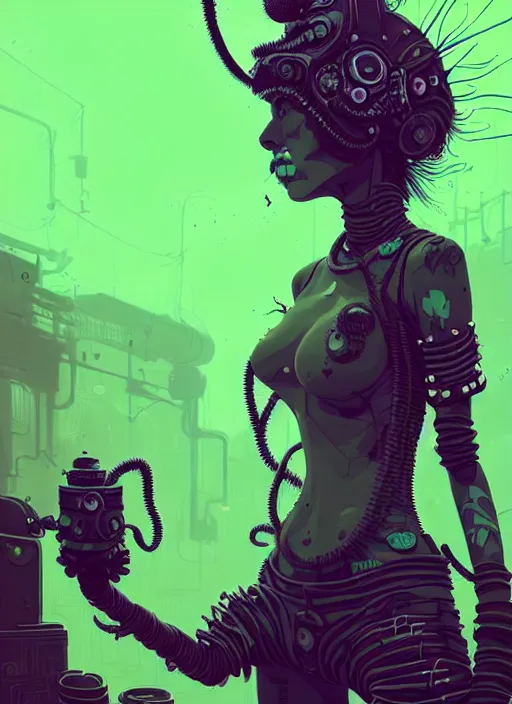 Image similar to highly detailed portrait of an moody wasteland punk long dripping green poison hair tribal lady, stray wiring by atey ghailan, james gilleard, by joe fenton, by greg rutkowski, by greg tocchini, by kaethe butcher, 4 k resolution, gradient purple, brown black and white color scheme!!! ( ( green flaming robotic sewer background ) )