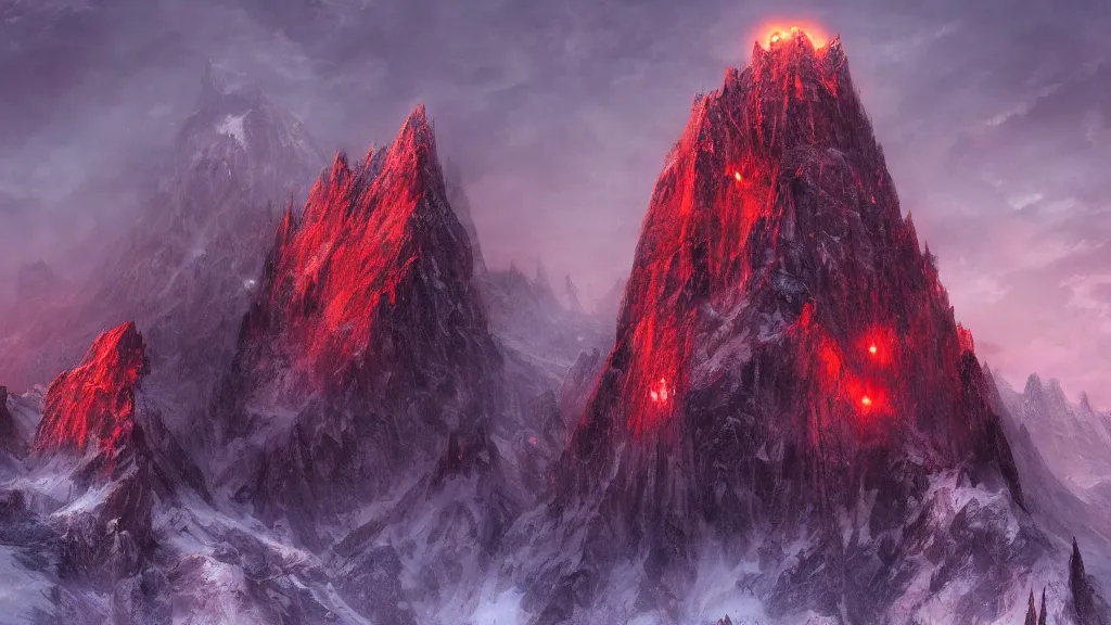 Prompt: huge mountain fortress with a dark tower that has a glowing red eye on a snowy mountain by eugene von guerard, ivan shishkin, dramatic lighting, concept art, trending on artstation, 8 k