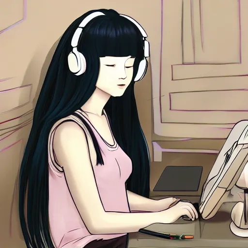 Image similar to lofi hiphop girl sitting in her room with headphones on by Wenqing Yan