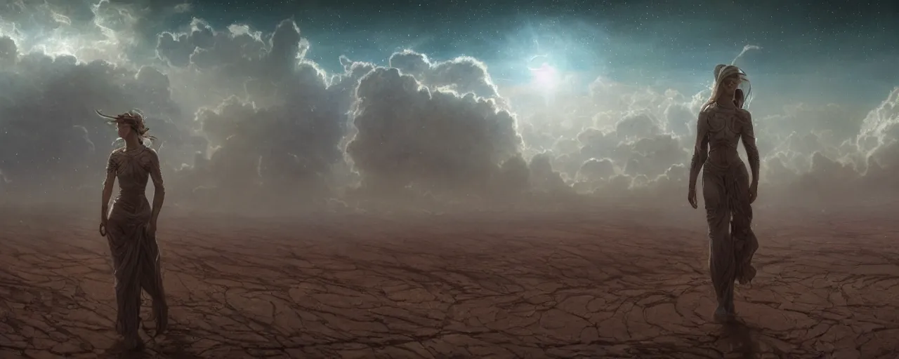 Image similar to a masterpiece oil painting of an interstellar traveler wandering through a desert made of cloud nebulas, by Tom Bagshaw and Alphonse Mucha and James Jean and John Williams Waterhouse, rendered in Octane and Cinema4D, 8k, volumetric lighting, concept art, ArtStation, fantasy, extremely moody lighting, cinematic, atmospheric, depth of field, intricate, elegant, highly detailed, digital painting, very coherent artwork