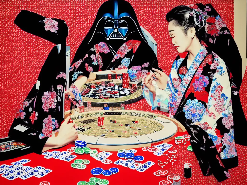 Prompt: hyperrealism composition of the detailed woman in a japanese kimono sitting at an extremely detailed poker table with darth vader, fireworks and folding screen on the background, pop - art style, jacky tsai style, andy warhol style, acrylic on canvas