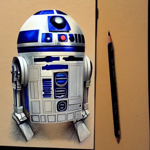 Image similar to hyper realistic pencil drawing of a r2d2 and c3p0, detailed, rim light, diffused, intricate, axe, by anna dittmann