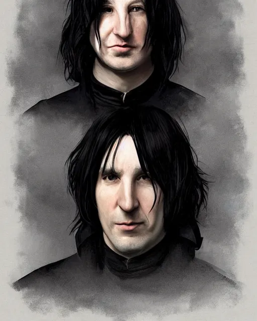 Image similar to portrait of a 3 2 - year - old man wearing black clothes, snape severus, with black, greasy, mid - length hair, hooked nose, dark brown eyes, yellow uneven teeth, highly detailed, digital painting, artstation, concept art, smooth, sharp focus, illustration, art by artgerm and greg rutkowski and alphonse mucha