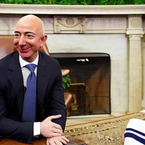 Image similar to jeff bezos as the president of the united states in the oval office