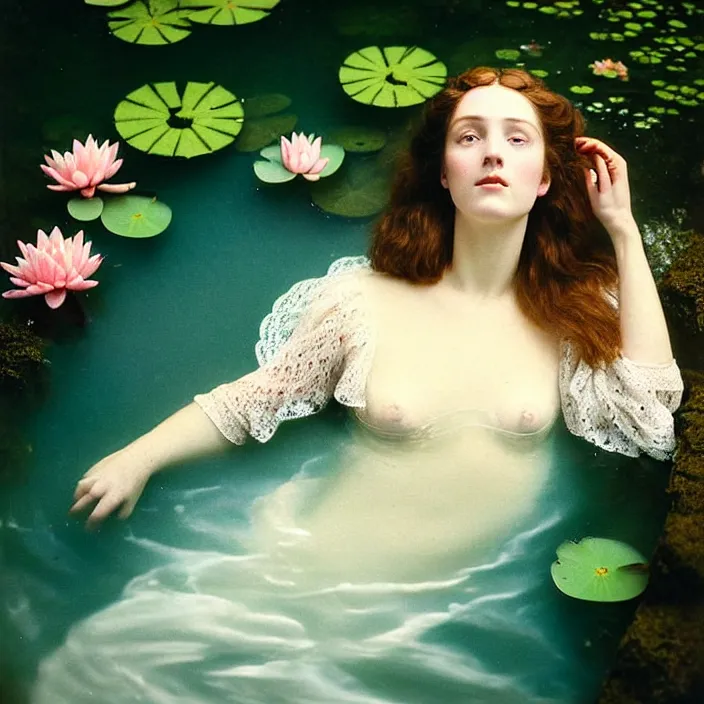 Image similar to Kodak Portra 400, 8K, soft light, volumetric lighting, highly detailed, britt marling style 3/4 ,view from above of close-up portrait photo of a beautiful woman how pre-Raphaelites painter, above water, part of the face is emerging of a pond with water lilies, , she has a beautiful lace dress and hair are intricate with highly detailed realistic beautiful flowers , Realistic, Refined, Highly Detailed, natural outdoor soft pastel lighting colors scheme, outdoor fine art photography, Hyper realistic, photo realistic,warm lighting,