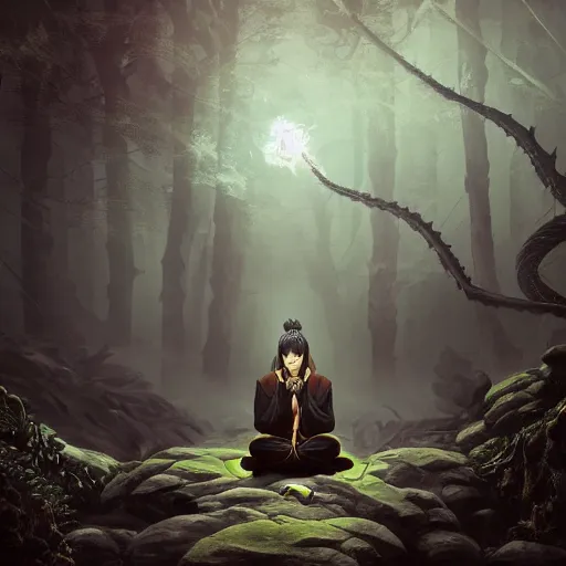 Prompt: a dragon sage monk yamabushi meditates in a dark forest. surrounded by serpents of all sized, danzo, orochimaru madara, ultra hyper detailed realistic matte painting artstation narutoverse stylized beautiful lighting moody gloomy