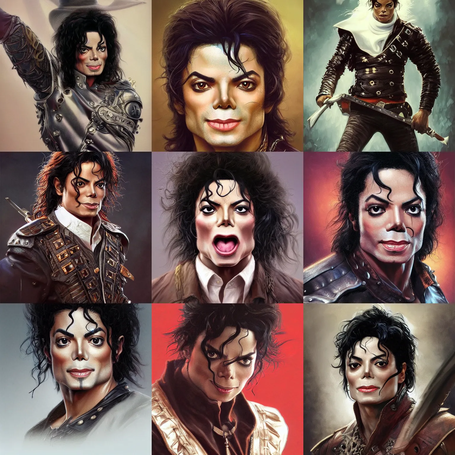Prompt: michael jackson! very close portrait of angry rugged mouse barbarian hunter, muscular, upper body, 👅 👅 , D&D, fantasy, intricate, elegant, highly detailed, digital painting, artstation, concept art, smooth, sharp focus, illustration, art by artgerm and greg rutkowski and alphonse mucha