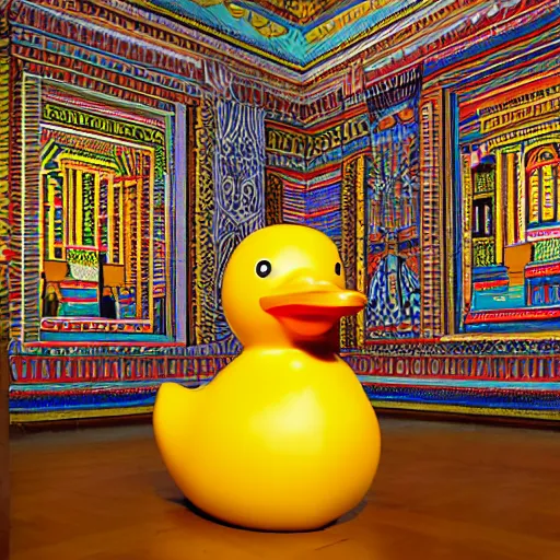 Prompt: wide shot, one photorealistic rubber duck in foreground on a pedestal in an cavernous museum gallery, metropolitan museum of art, the walls are covered with colorful geometric wall paintings in the style of sol lewitt, tall arched stone doorways, through the doorways are more wall paintings in the style of sol lewitt.