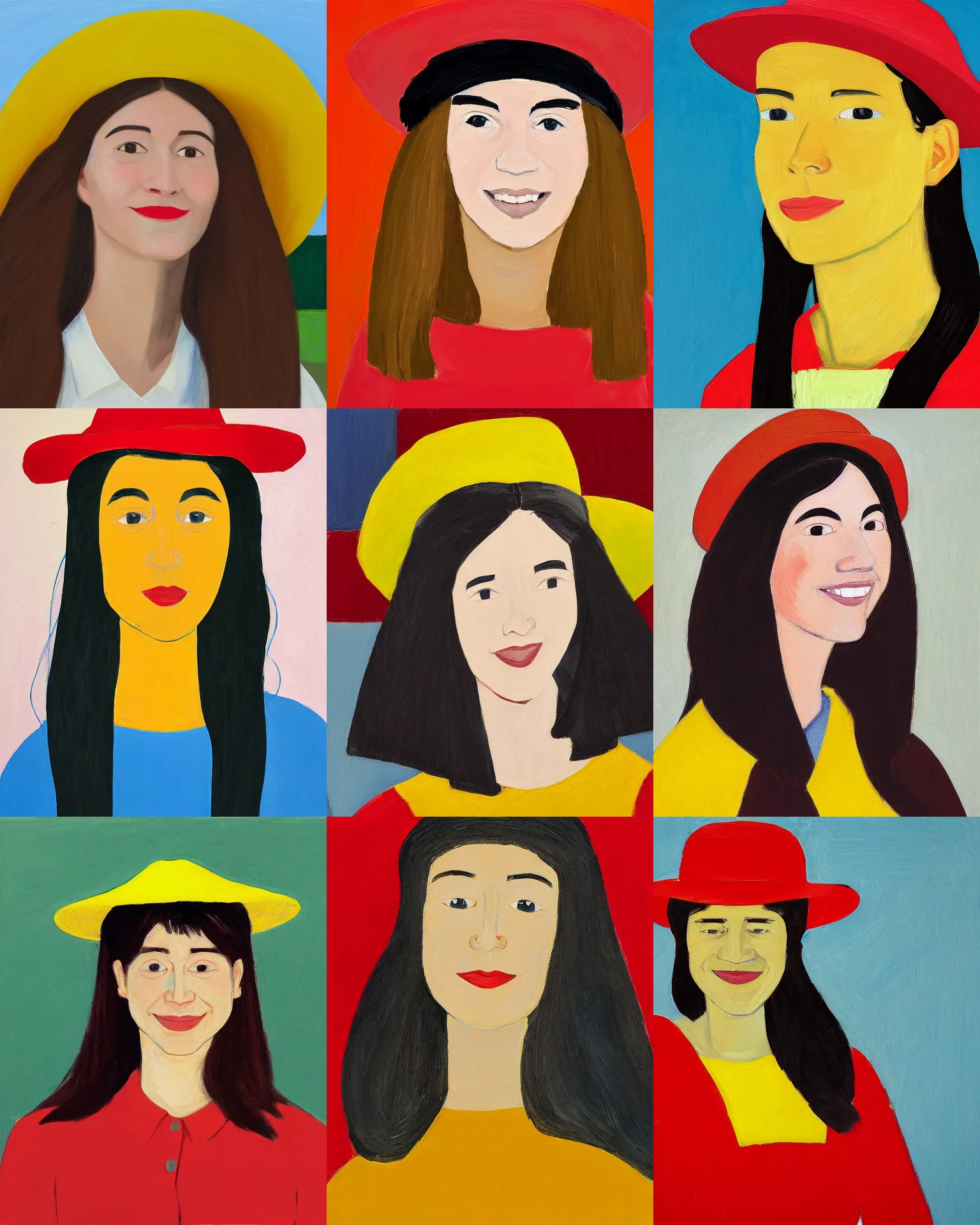 Image similar to portrait of a smiling young woman with hat, long hair and red shirt, yellow background, colorful, by alex katz, close up