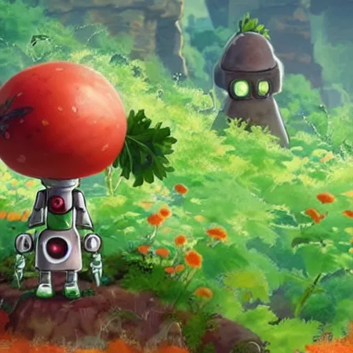 Image similar to cute robot made of plants with big tomato hat and a carrot sword, made in abyss style