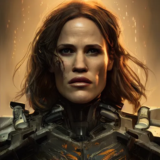 Image similar to jennifer garner portrait, dystopia core, apocalyptic, armor, warrior, dramatic, sharp focus, fiction, neon, fantasy, hyper detailed, digital art, trending in artstation, cinematic lighting, studio quality, smooth render, unreal engine 5 rendered, octane rendered, art style and nixeu and wlop and krenz cushart