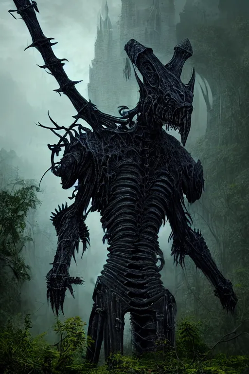 Prompt: post - gothic giant creepy chimera, exoskeleton armor, holding shiny katana, dystopian ruins covered in vegetation, highly detailed smooth digital art masterpiece, vitaly bulgarov giger dramatic dark blue light, ground angle hd 8 k, sharp focus