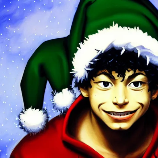 Prompt: an oil painting of a izuku midoriya wearing a hip - hop rap christmas hat drawn by frank frazetta, hd, hdr, ue 5, ue 6, unreal engine 5, 3 d, cinematic 4 k wallpaper, 8 k, ultra detailed, high resolution, artstation, award - winning pencil drawing