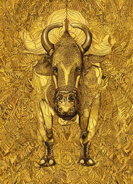 Image similar to golden paper + an intricate ox depiction + elaborate illustration, very detailed, deviantart, 8 k vertical wallpaper, tropical, colorful, airy, illustration, nature