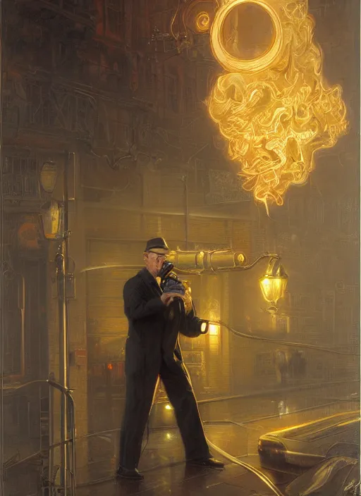 Image similar to A telemarketer created by thick steam, torch shadows, foggy night, intricate, elegant, highly detailed, donato giancola, Joseph Christian Leyendecker, WLOP, Boris Vallejo, Artgerm