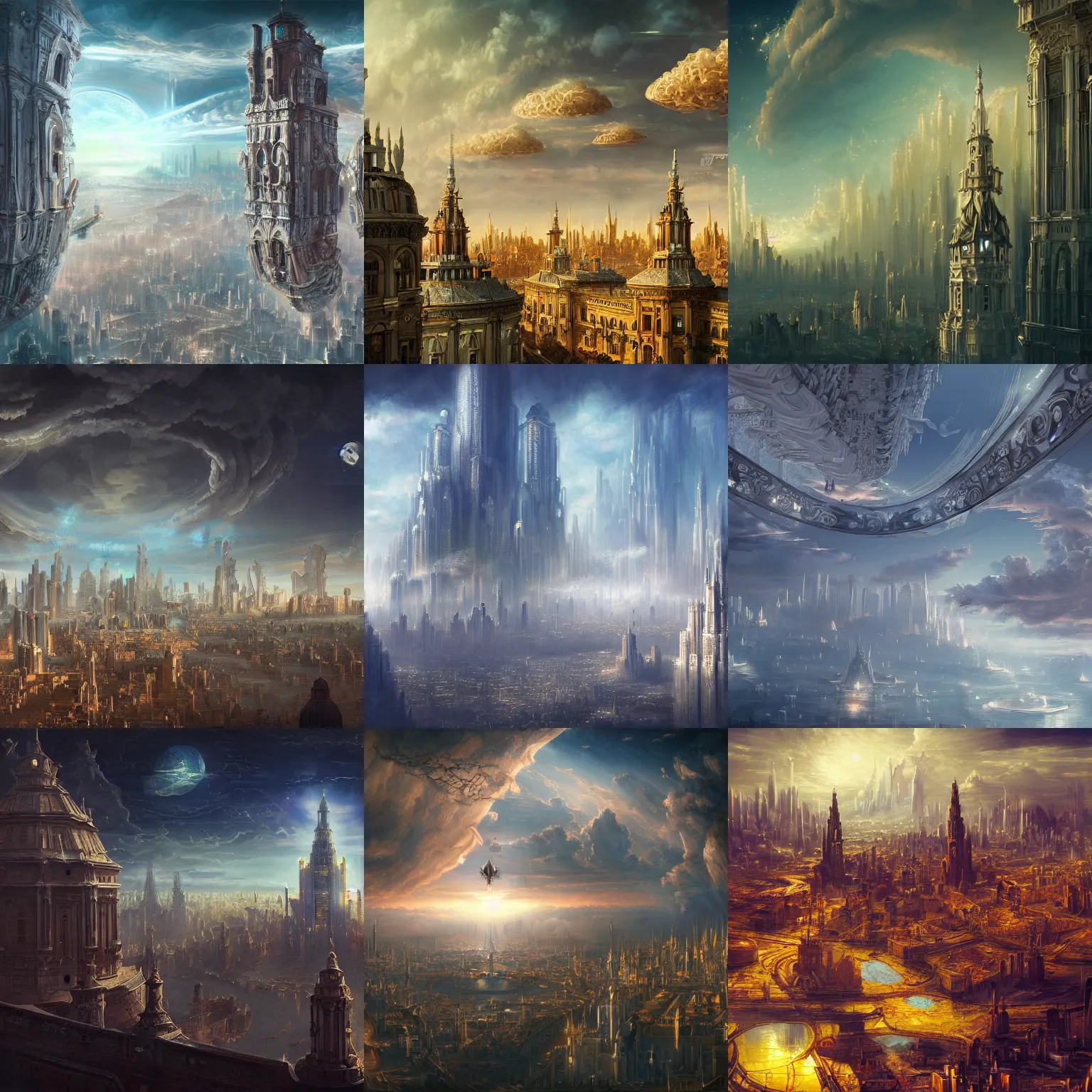 Prompt: baroque utopian cityscape in the sky, sci-fi, dreamlike, surreal, angels, cinematic, 8k, fantasy concept art,