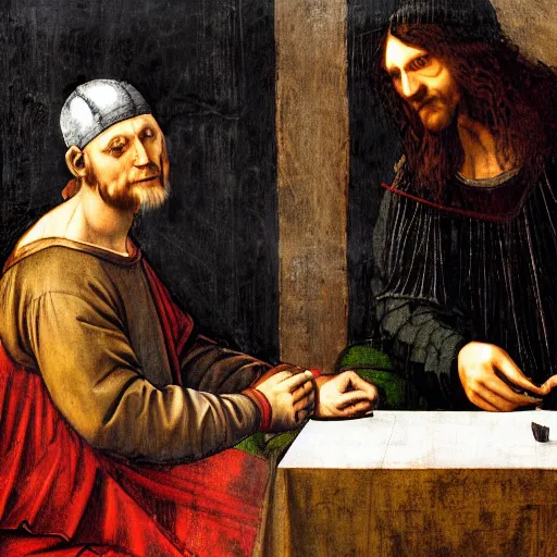Image similar to leonardo davinci and the shredder hosting a podcast, intricate, highly detailed, comic book and renaissance art style, 4 k, concept art, table with microphones