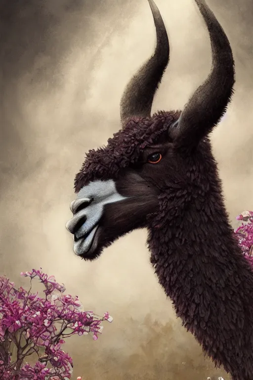 Image similar to Anthro Portrait of japanese llama, D&D, dark fantasy, anthro portrait, sakura blooming on background, intricate, elegant, llama portrait, highly detailed, digital painting, artstation, concept art, smooth, sharp focus, llama, illustration, art by artgerm and greg rutkowski and alphonse mucha, daily deviation, very very llama