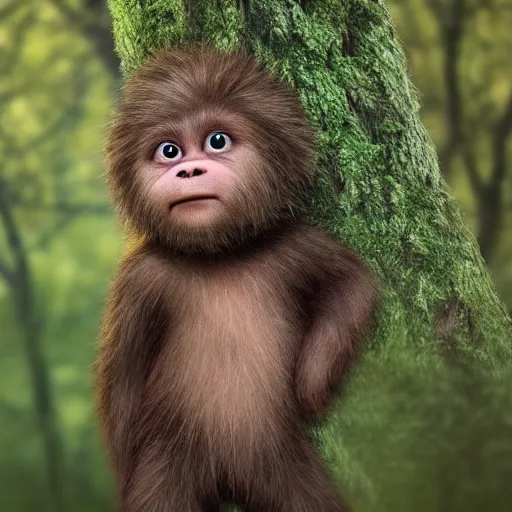 Image similar to award winning hyper realistic photograph of a sasquatch infant peering out timidly from behind a tree with large cute eyes, portrait, 8 k, twilight, foggy, moonlit