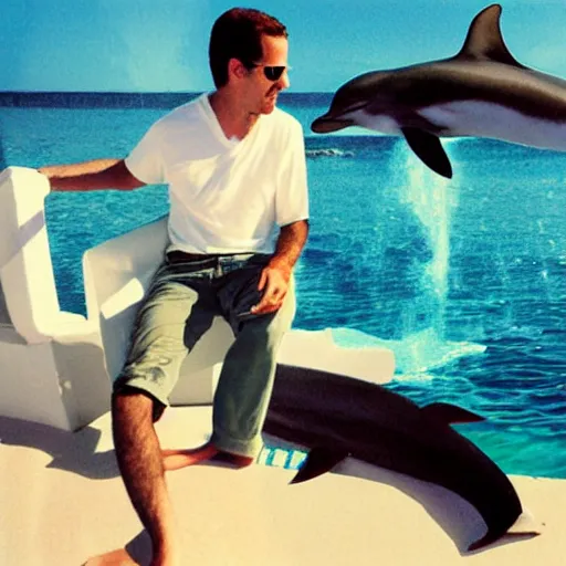 Image similar to hunter biden smoking with an italian dolphin in a luxury vaporwave resort, polaroid photograph, washed out colors, nostalgia,