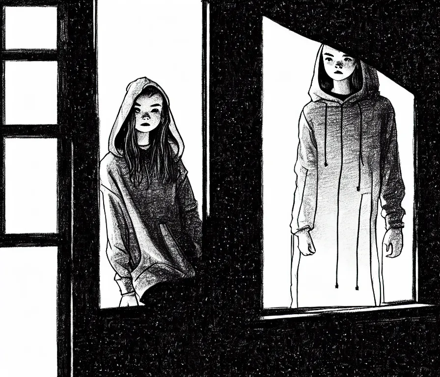 Image similar to sadie sink in hoodie sits on windowsill, knees tucked in | rain falls at night : storyboard drawing, scifi cyberpunk, b & w. by gabriel hardman, joe alves, chris bonura. cinematic atmosphere, detailed and intricate, perfect anatomy