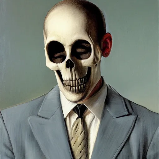 Prompt: portrait of a suited man with medical gloves and a skull mask, by Gerald Brom